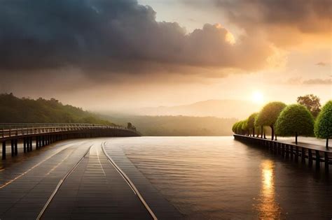 Premium AI Image | a sunset over a bridge