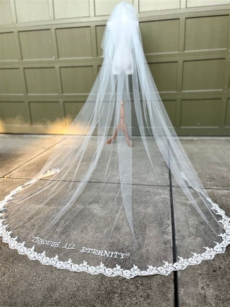 Hailey Bieber Embroidered Phrase Wedding Veil Custom Lace - Etsy