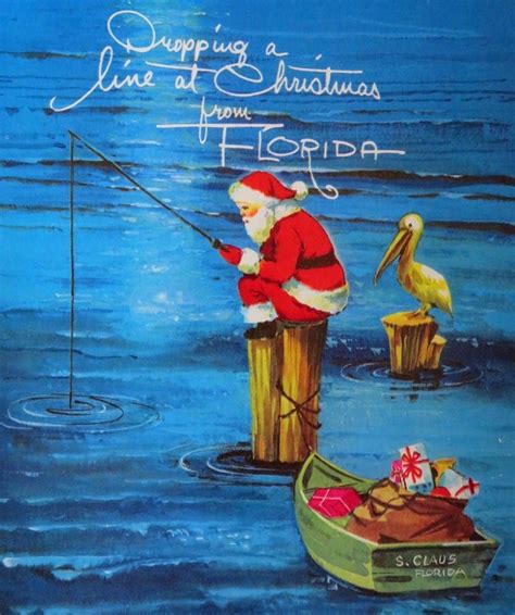 Vintage Christmas Card UNUSED From Florida Santa Fishing Boat w/ Gifts ...