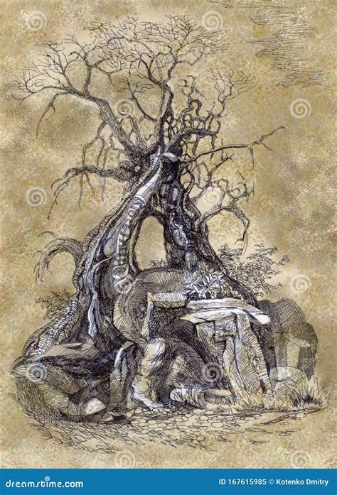 Old Mystical Tree in a Scary Forest. Ink Drawing. Stock Illustration ...