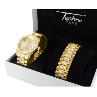 Master Of Bling - Mens Watch Bracelet Combo Simulated Diamonds Steel Back 14k Yellow Gold Finish ...