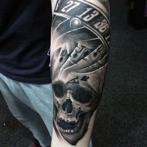 Male Forearms Black And White Playing Cards And Skull Tattoo Sharon Stone, Watercolor ...