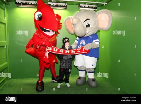 Liverpool mascot Might Red and Everton mascot Changy (right) pose with ...