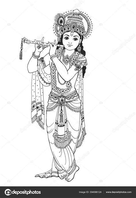 God Krishna Beautiful Young Man Playing Flute Black Line Drawing Stock Illustration by ©k.9 ...