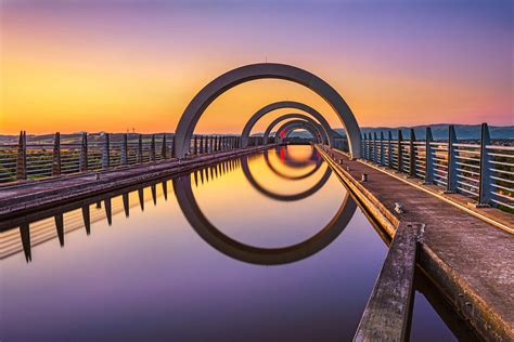 The Falkirk Wheel, a unique rotating boat lift in central Scotland