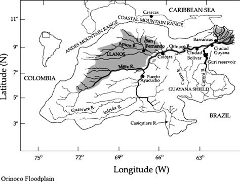 Map of the Orinoco River basin, showing major geographic regions,... | Download Scientific Diagram