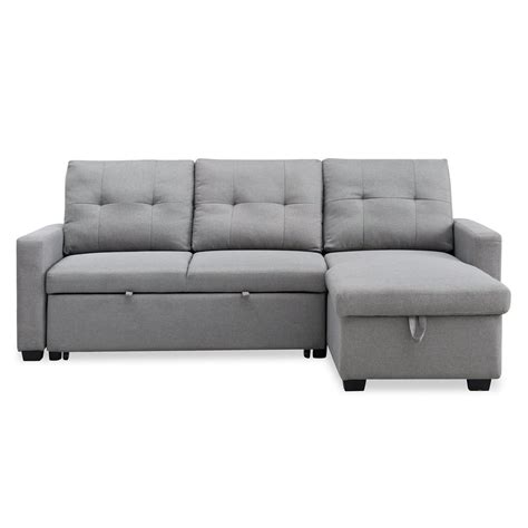 Grey Mid-Century Pull-out Sleeper Sectional Sofa with Reversible Storage Chaise, 82" x 60" x 35 ...