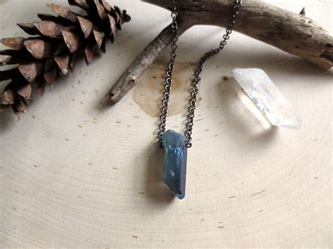 Blue Quartz Crystal Necklace Titanium Quartz Raw Gemstone