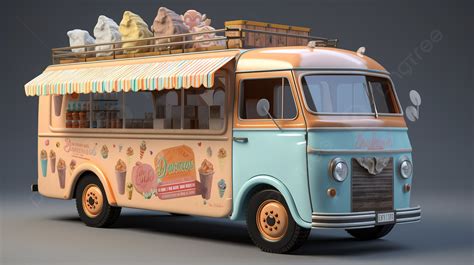 Vintage Style Ice Cream Van In 3d Animation Background, 3d Ice Cream ...