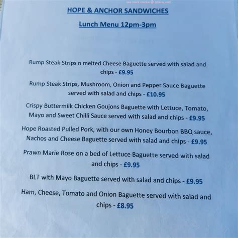 Menu at Hope & Anchor pub & bar, Burry Port