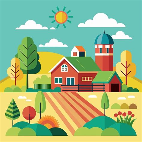 Premium Vector | Farm agriculture rural landscape village house vector horizontal illustration ...