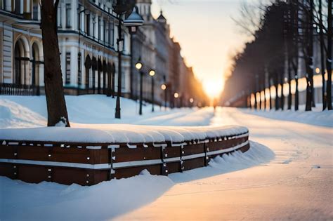 Premium AI Image | a street with snow covered buildings and a street light.