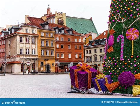 Old Town of Warsaw with Medieval Houses, Christmas Tree, Gifts. Stock Photo - Image of colorful ...