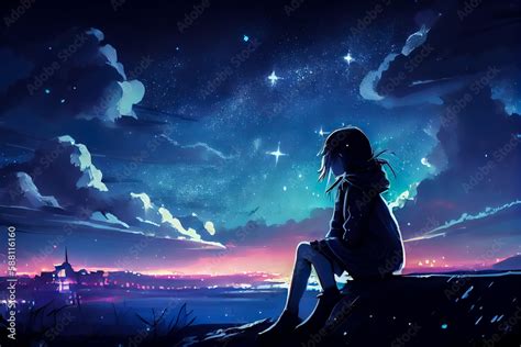 alone anime girl in the night sky. Generative AI, Generative, AI Stock ...