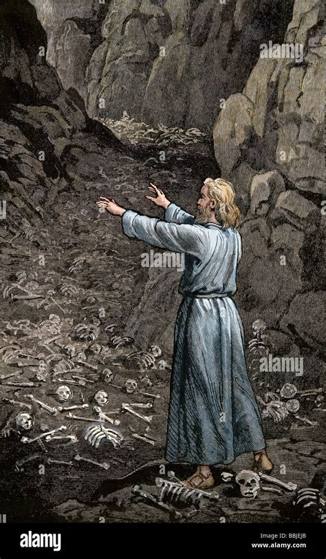 Hebrew prophet Ezekiel walking through the valley of dry bones. Hand ...