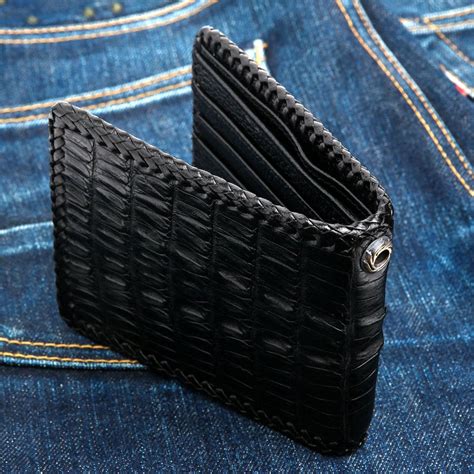 Genuine Black Crocodile Tail Skin Leather Biker Wallet