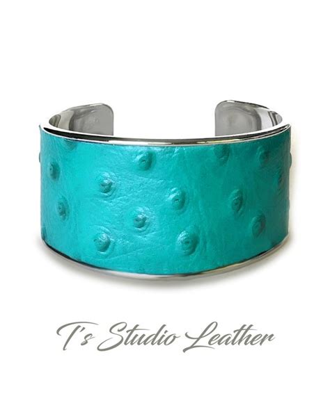 Turquoise Ostrich Leather Cuff Bracelet Genuine Cowhide Embossed Print