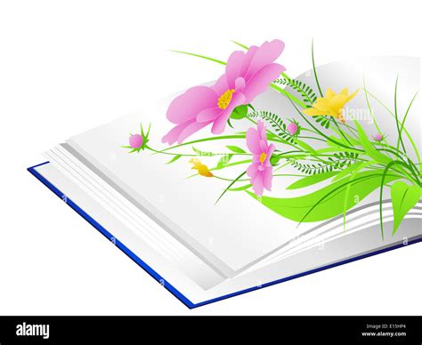 Libro abierto con flores rosas y pasto verde sobre un fondo blanco ...