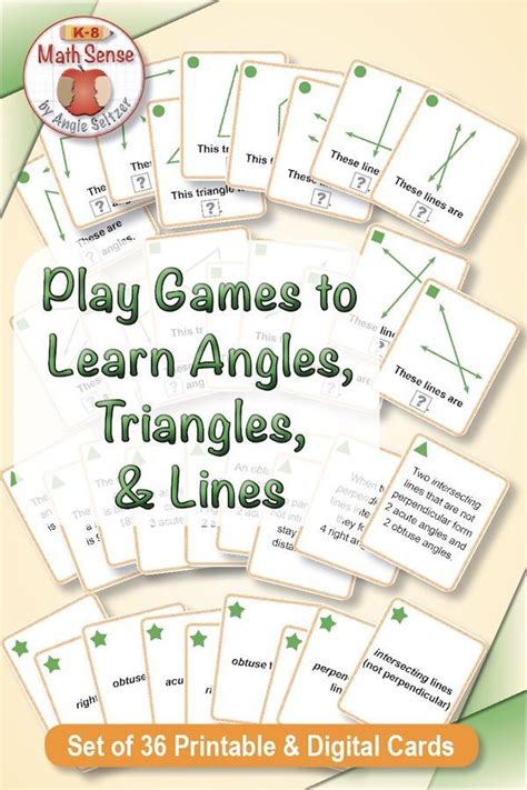 GEOMETRY GAMES. Kids learn vocabulary for angles, lines, and triangles. Terms include parallel ...