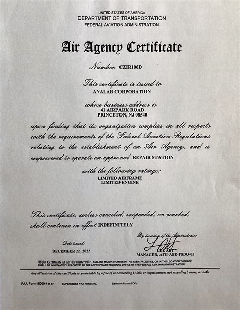 FAA Air Agency Certificate - Analar Corp / Helicopter Charter & Maintenance