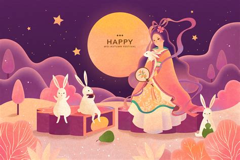 Dreamy color tone mid autumn festival, Chang'e and jade rabbit enjoy moon watching and sit on ...