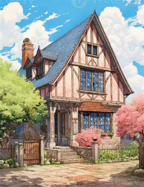 anime style house with a gate and a flowering tree in front. generative ai. 28507838 Stock Photo ...