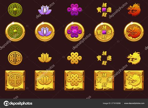 China coins set. Vector Golden icons with Chinese symbols and gems ...