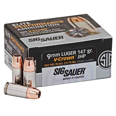 Sig Sauer Elite Performance V-Crown 9mm Luger 147gr JHP Handgun Ammo ...