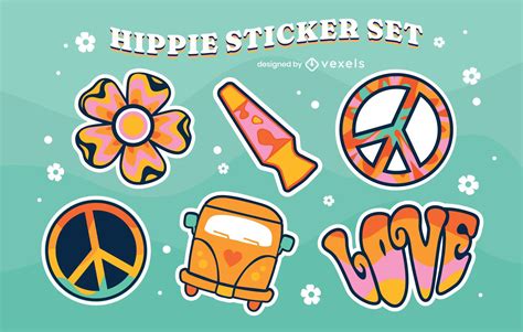 Hippie Vintage Colorful Sticker Set Vector Download