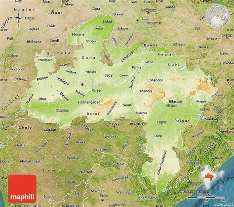 Physical Map of Madhya Pradesh, satellite outside