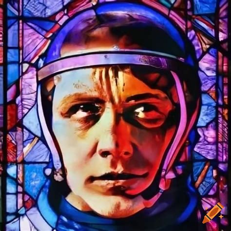 Stained glass window depicting the glory of yuri gagarin on Craiyon