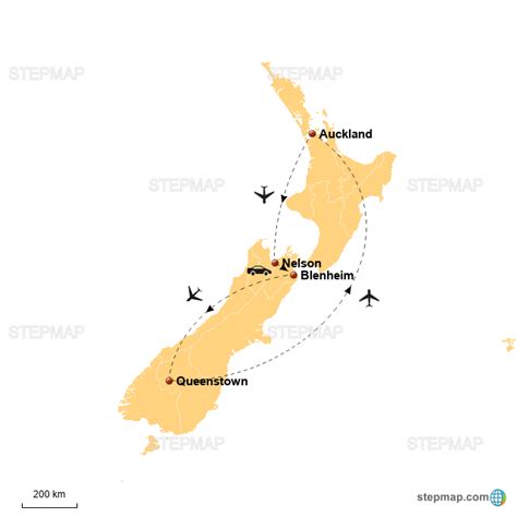 StepMap - NZ - Auckland,Nelson, Blenheim,Queenstown - Landkarte für New ...