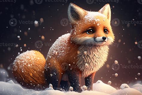 Cute red fox baby cartoon dreamlike in snow, winter, . Animal and landscape concept. 23532539 ...