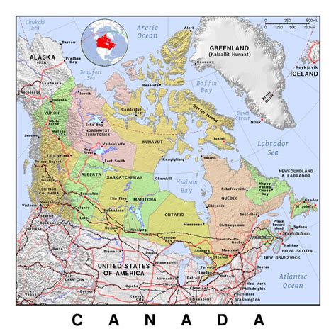 Detailed political and administrative map of Canada with relief ...