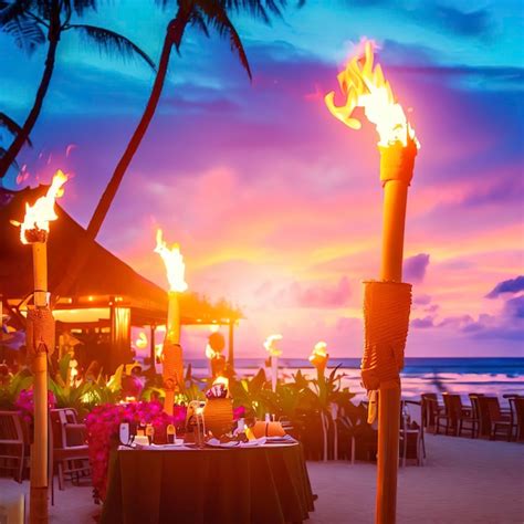 Premium Photo | Hawaii luau beach party at sunset Hawaiian tiki torches ...