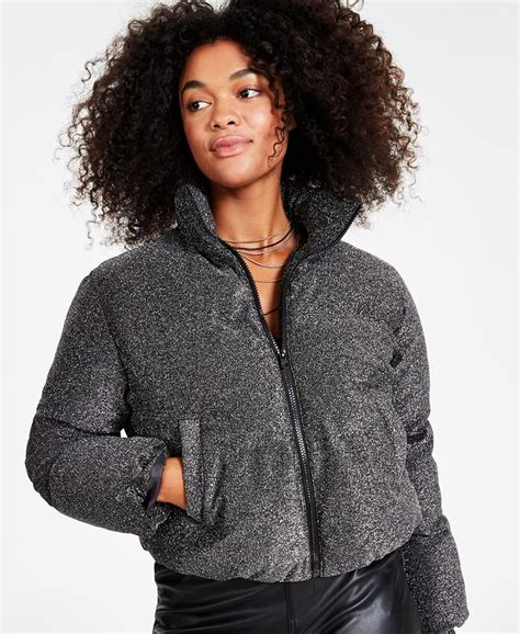 Bar III Women's Sparkle Cropped Puffer Jacket, Created for Macy's - Macy's