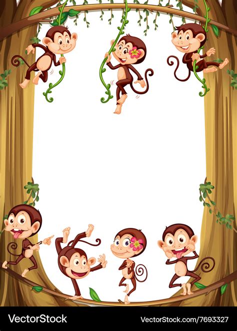 Border design with monkeys climbing the tree Vector Image