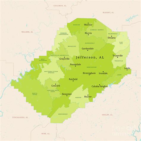 AL Jefferson County Vector Map Green Digital Art by Frank Ramspott - Pixels