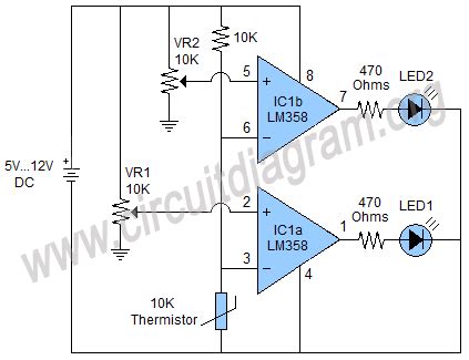 Two Level Temperature Sensor Using LM358 | Circuit Diagram