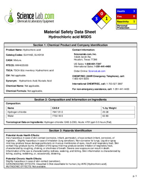 (PDF) Material Safety Data Sheet Hydrochloric acid MSDS Section 1 ...