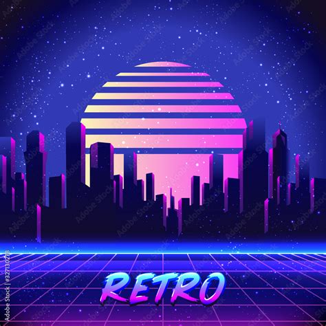 Retro Futurism. Vector futuristic synth wave illustration. 80s Retro poster Background with ...