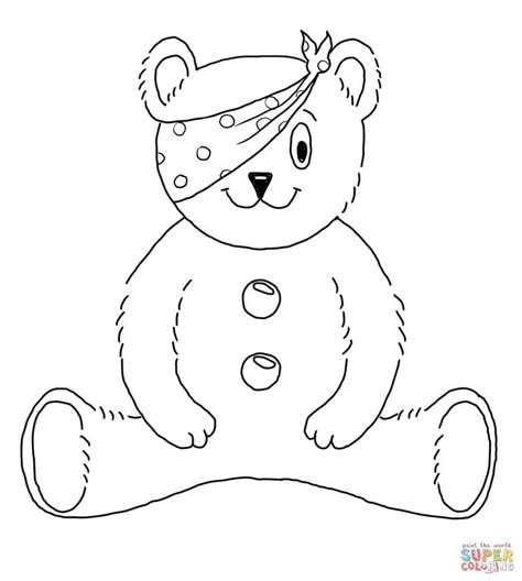 a black and white drawing of a teddy bear with a bandanna on its head