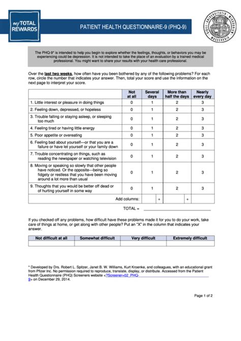 Patient Health Questionnaire-9 (Phq-9) printable pdf download