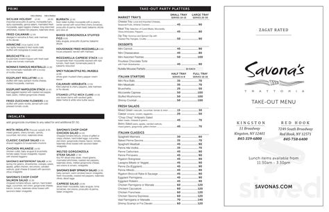 Savona's Trattoria & Bar - Hudson menu in Hudson, New York, USA