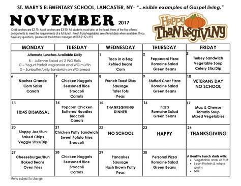 Lunch Menu | St. Mary's Elementary School - Lancaster, NY