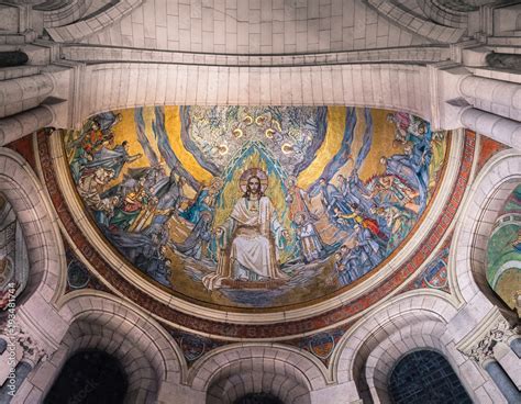 Gold mosaic on the ceiling of the Basilica of the Sacre Coeur in Montmartre, Paris. It is one of ...