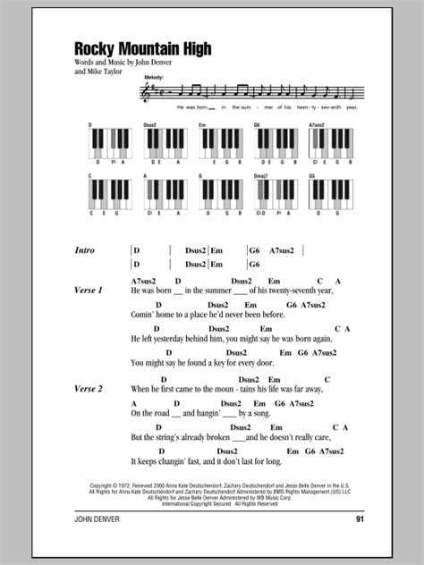 Rocky Mountain High by John Denver Sheet Music for Piano Chords/Lyrics ...