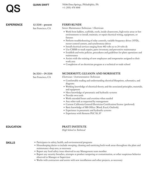 Electrician Technician Resume Samples | Velvet Jobs