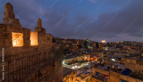 Jerusalem Old City night panorama from Damascus gate Stock Photo ...