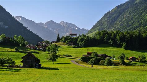 Suiza, las montañas, los Alpes, el valle, hierba, camino, casa, árboles Fondos de pantalla ...